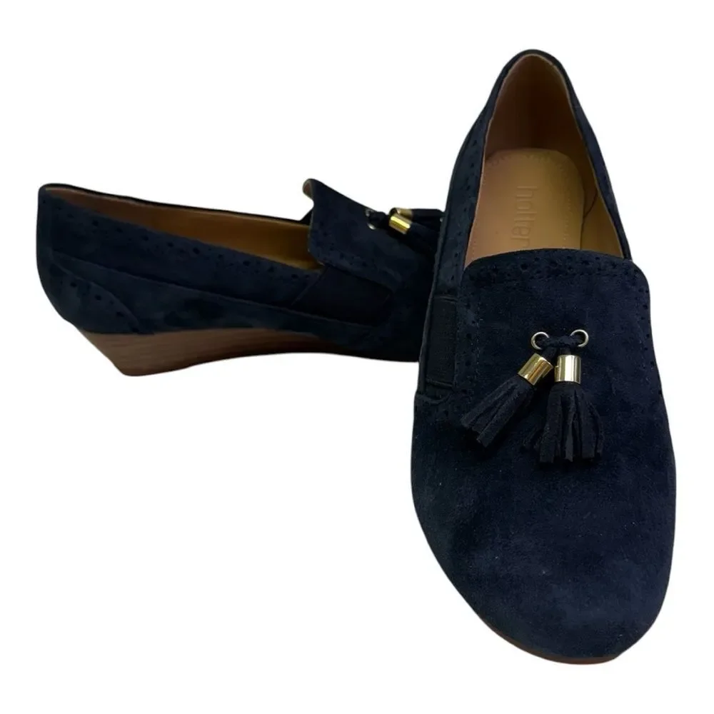 Hotter Brigitte Navy Suede Wedge‎ Loafers Tassel Brogue Detail Women US 9 UK 7
